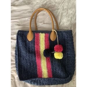 Talbots Large 14” Natural Woven Straw Tote Beach Bag Navy Magenta Yellow